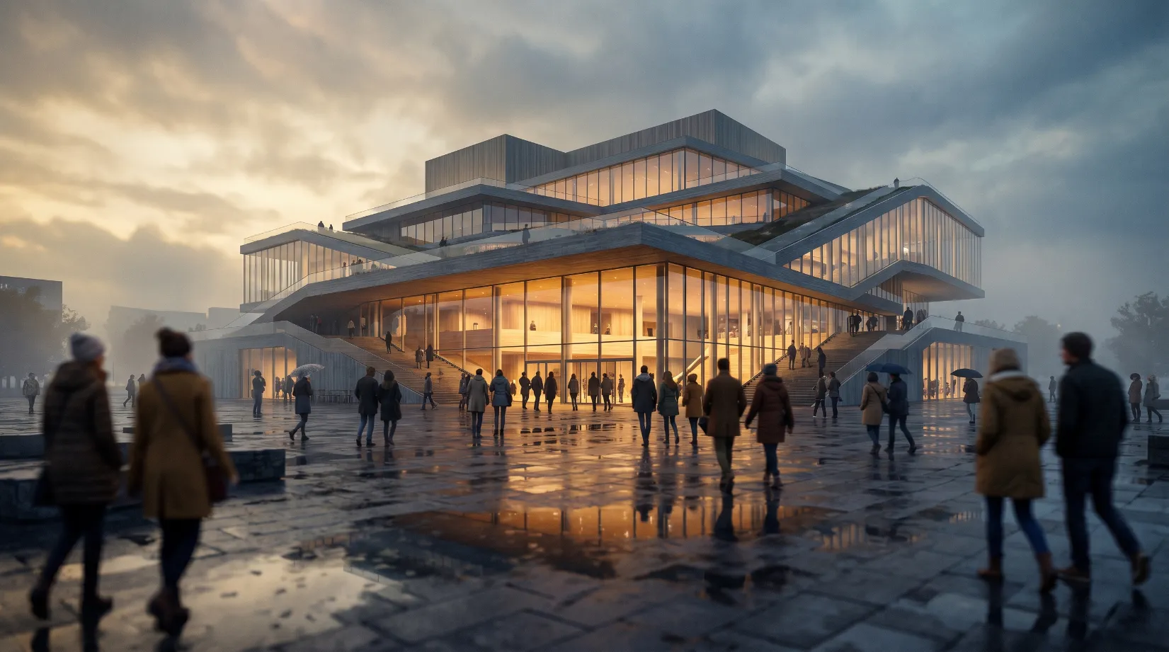 Cultural building at dusk, crowds arriving