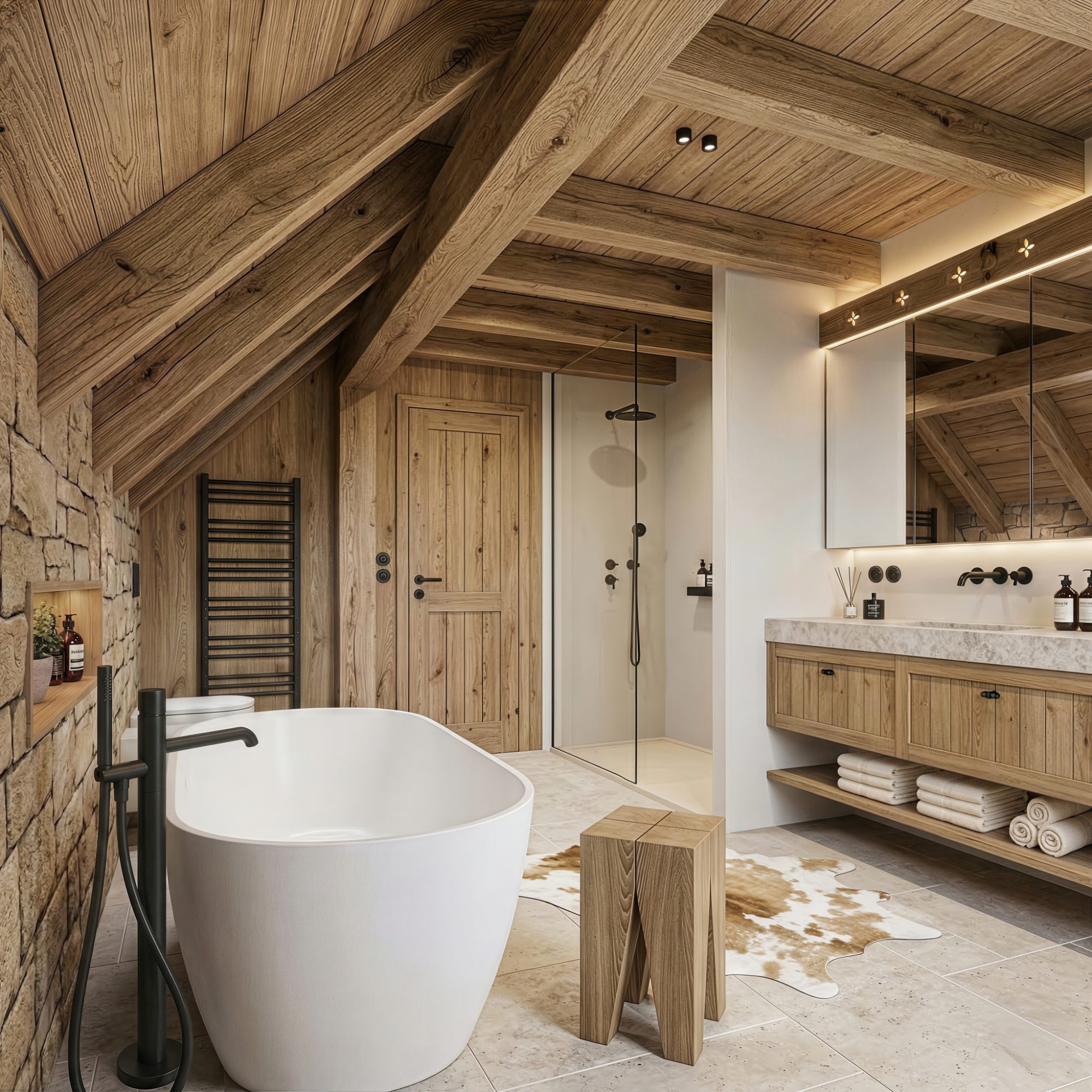 Chalet bathroom with freestanding tub and stone wall