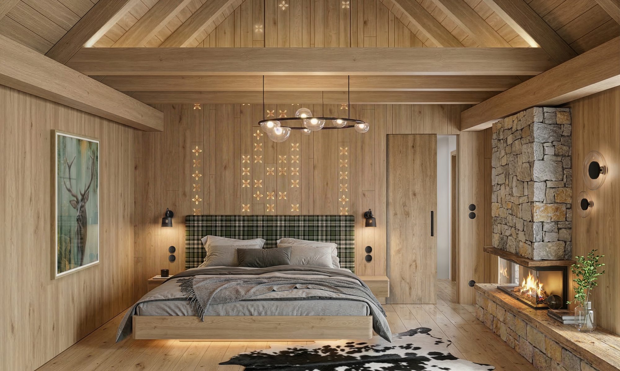 Chalet bedroom with tartan headboard and fireplace