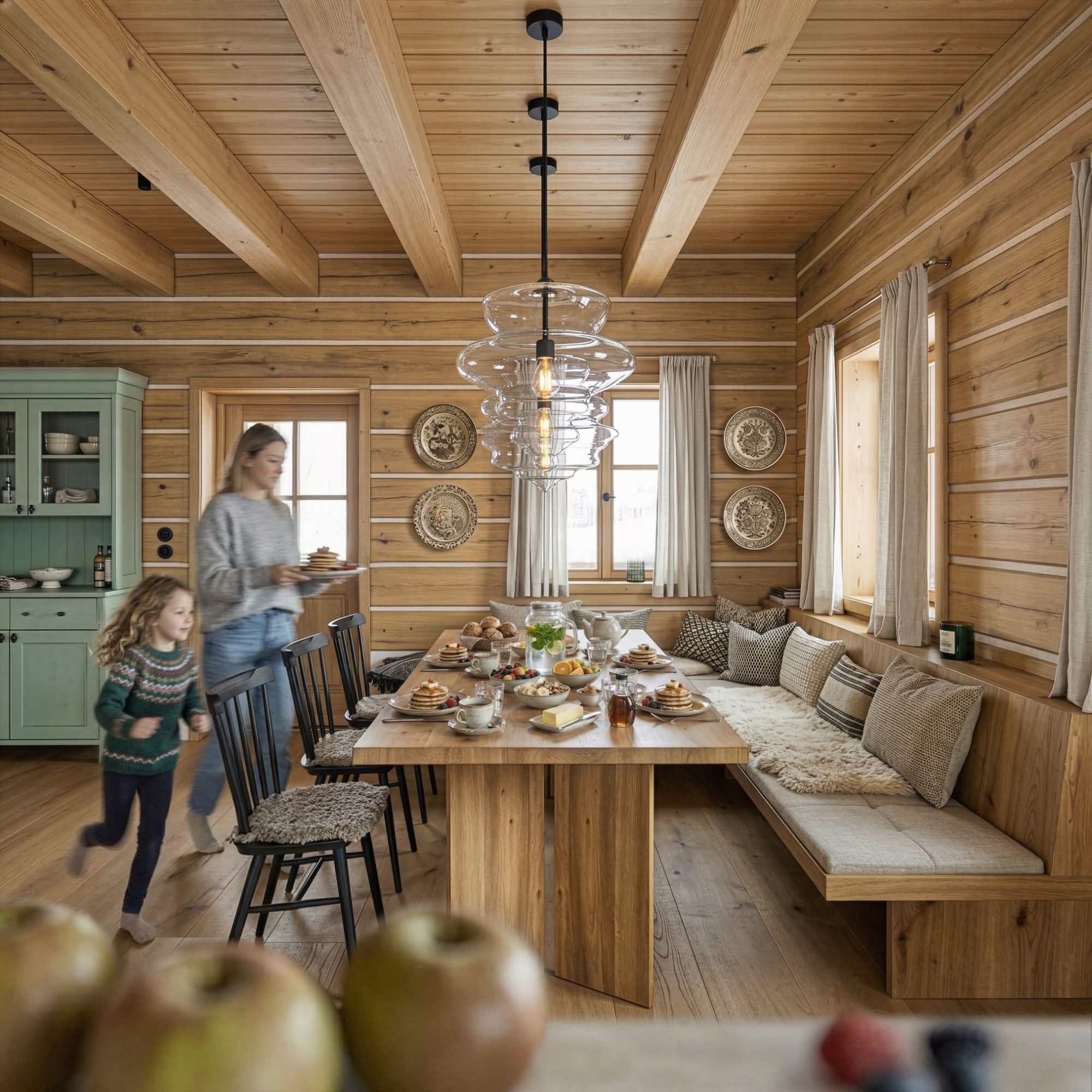 Interior visualisation — Alpine chalet dining room at breakfast, Paseky