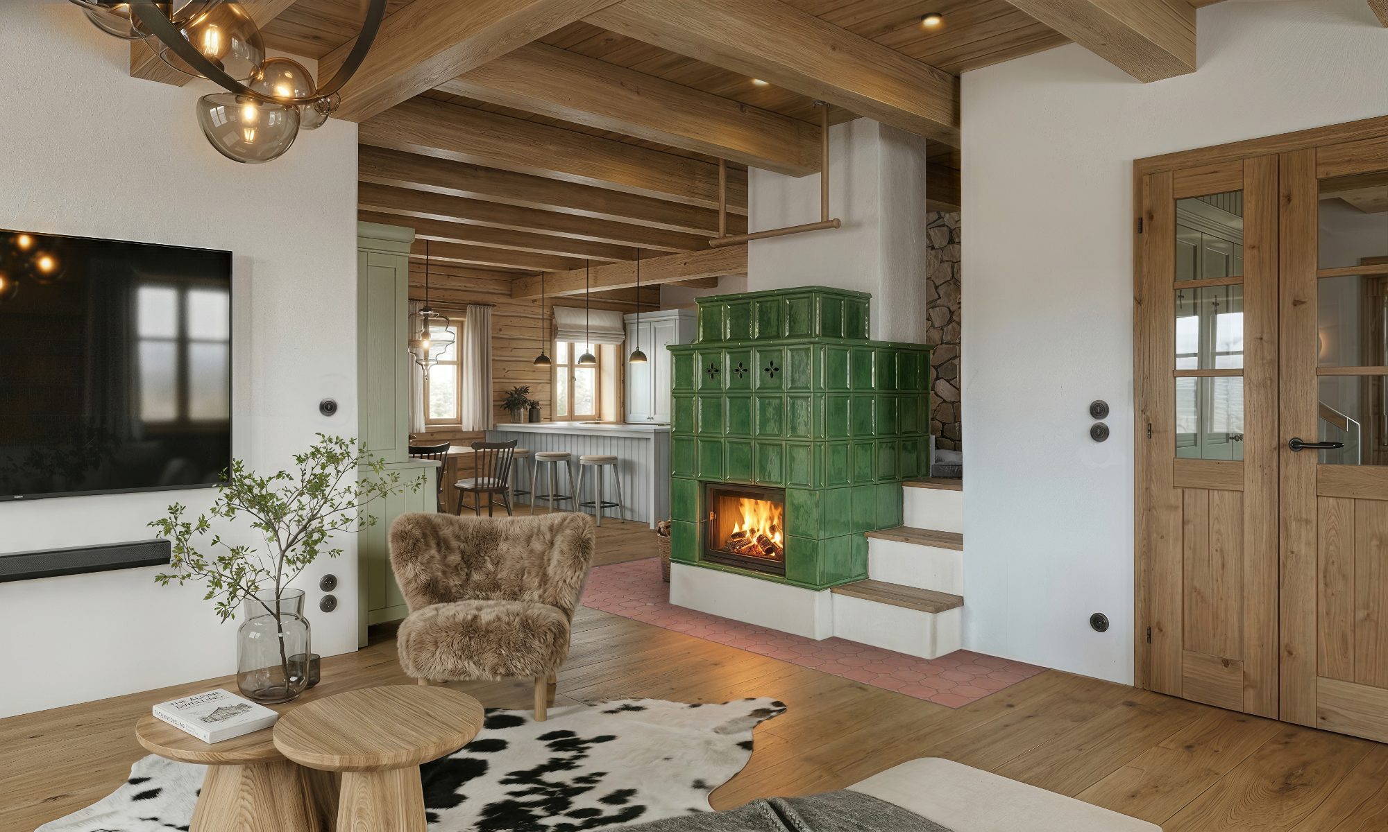 Chalet living room with green tiled stove