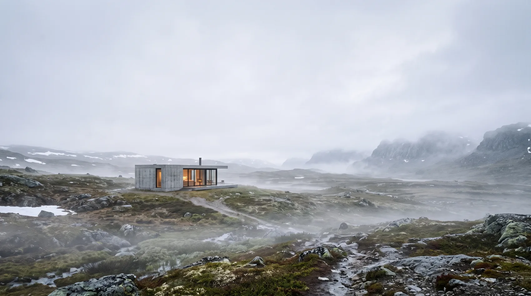 Architectural visualisation — a glass and timber villa glowing warm at blue hour, mountains behind, reflecting pool in front
