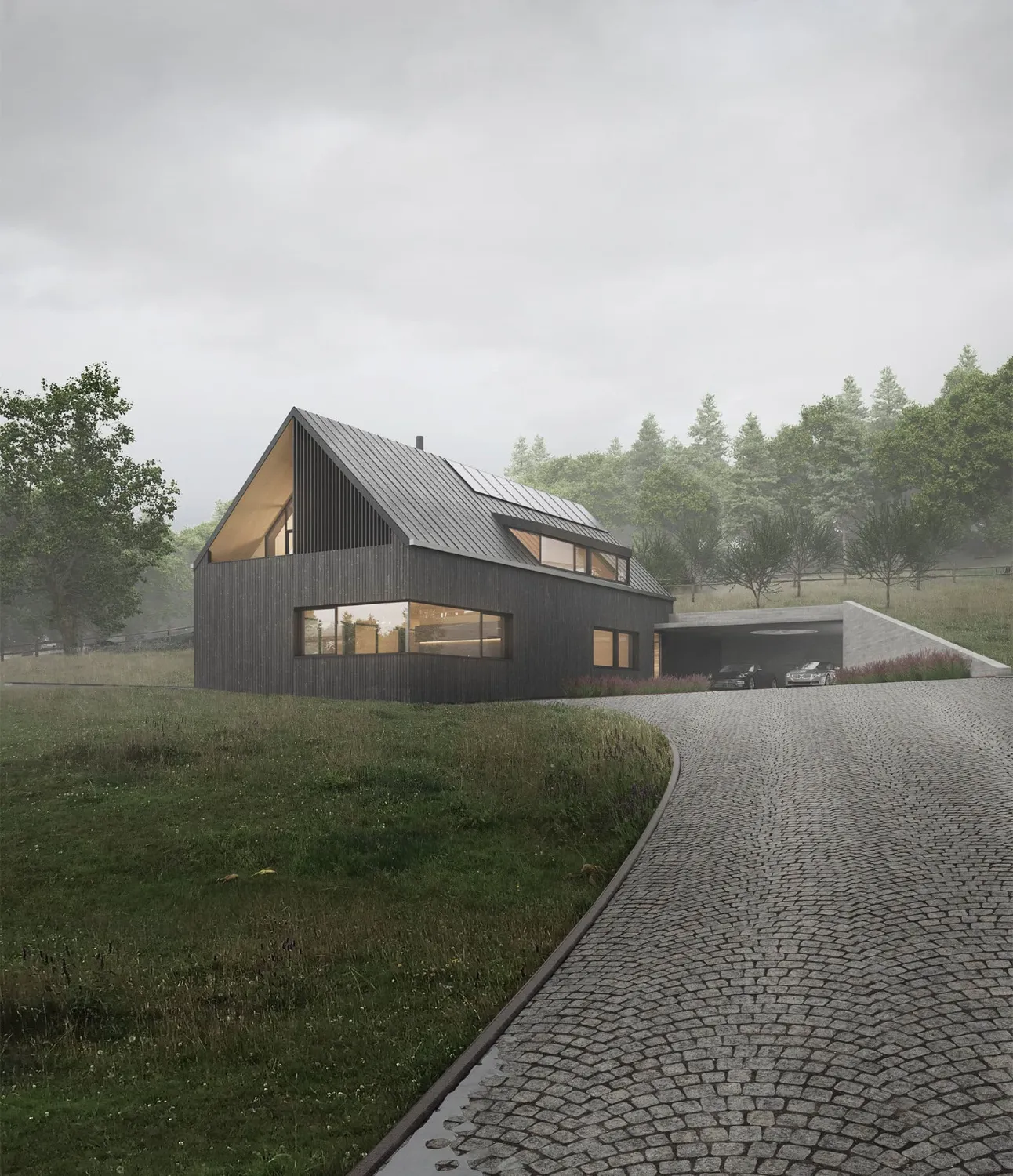 Architectural visualisation — a dark larch gabled family house on a misty meadow with a cobblestone drive