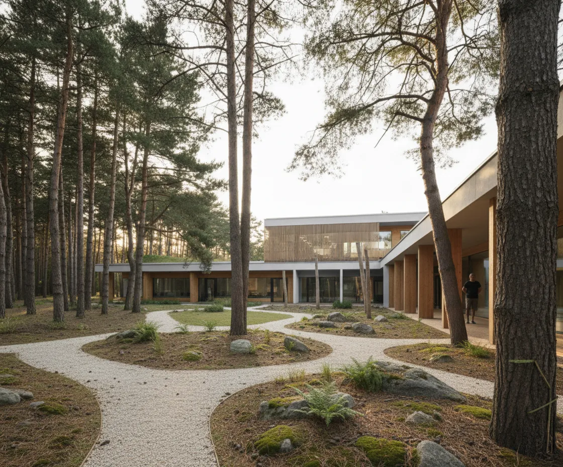 Architectural visualisation — a low timber building among tall pines in golden evening light