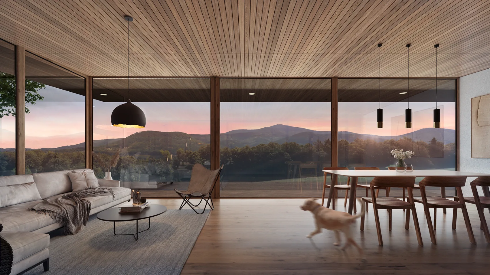 Interior visualisation — a wood-lined living room opening onto a Beskydy mountain view at sunset