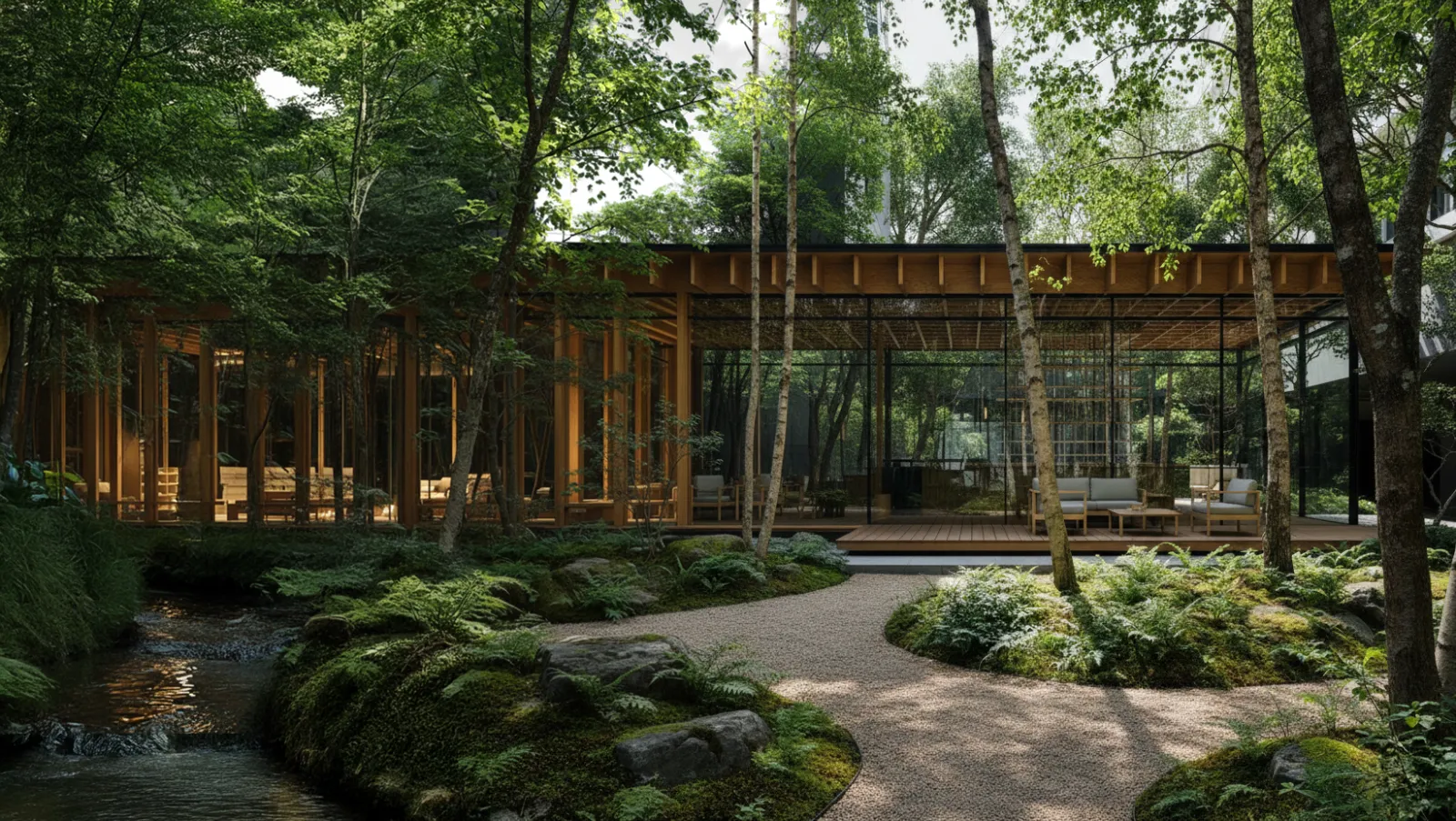 Architectural visualisation — a timber and glass pavilion in a lush forest garden with a stream
