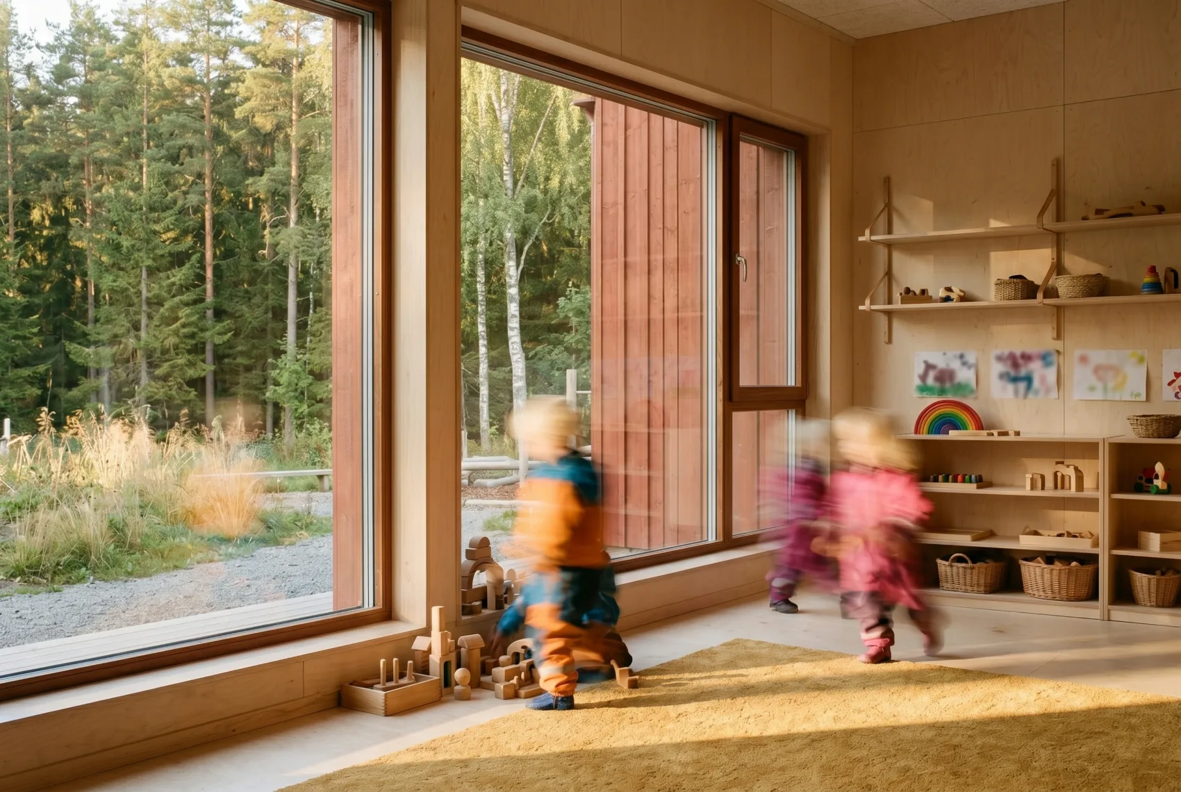Architectural visualisation — a birch-ply playroom flooded with warm light, a wall of glass onto the forest, children blurred mid-play