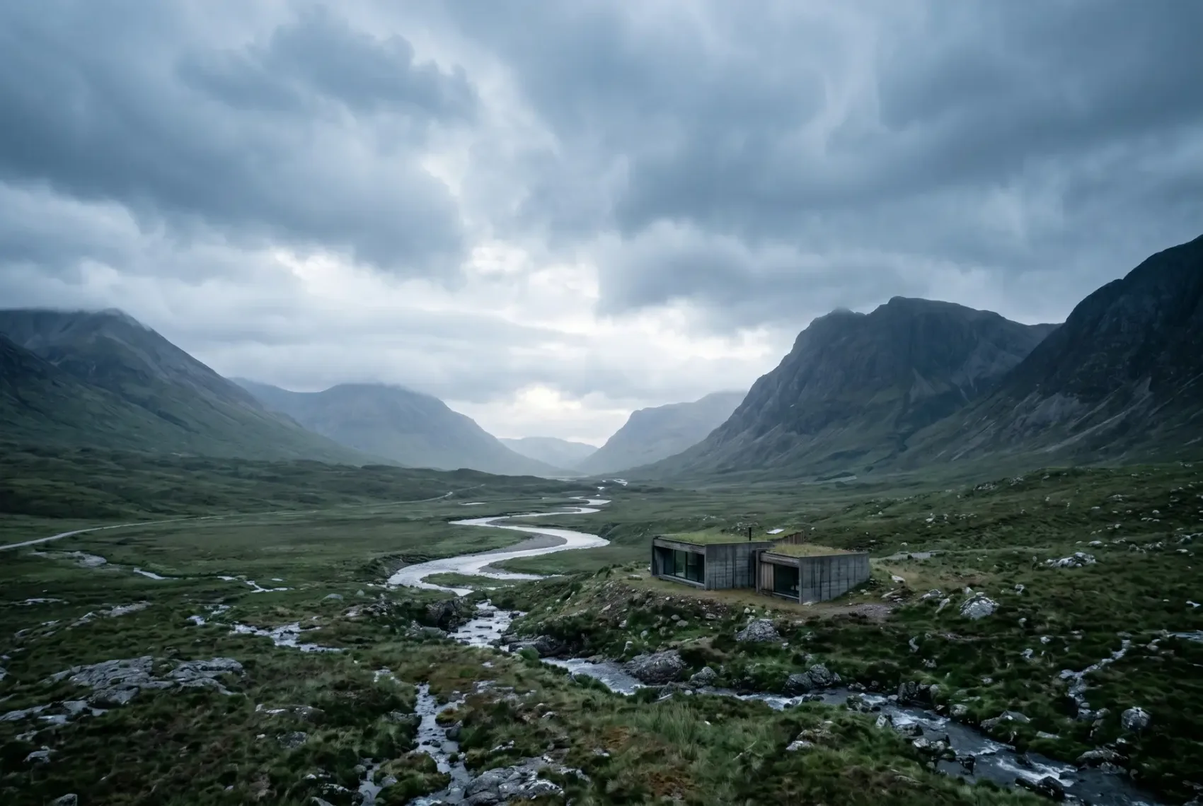 Architectural visualisation — a small retreat almost lost in a vast northern valley at first light