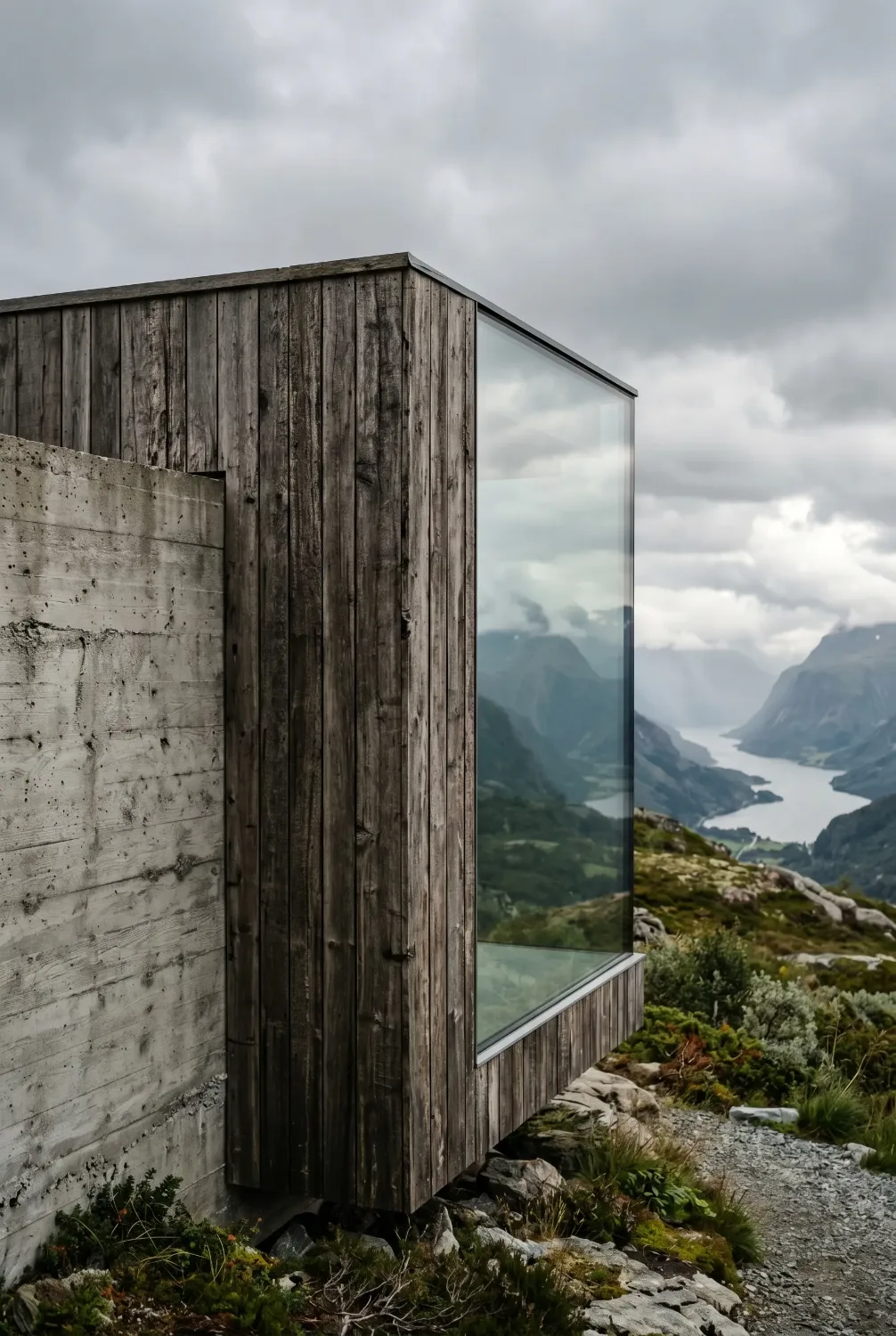 Architectural visualisation — close detail of weathered timber and glass against the landscape