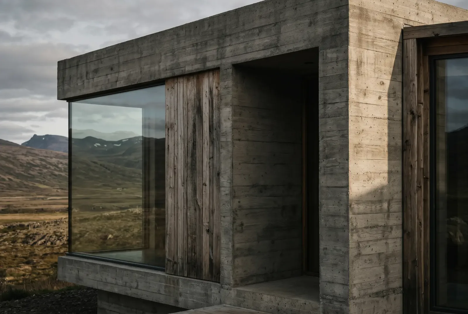 Architectural visualisation — the building filling the frame, entrance and concrete detail at close range