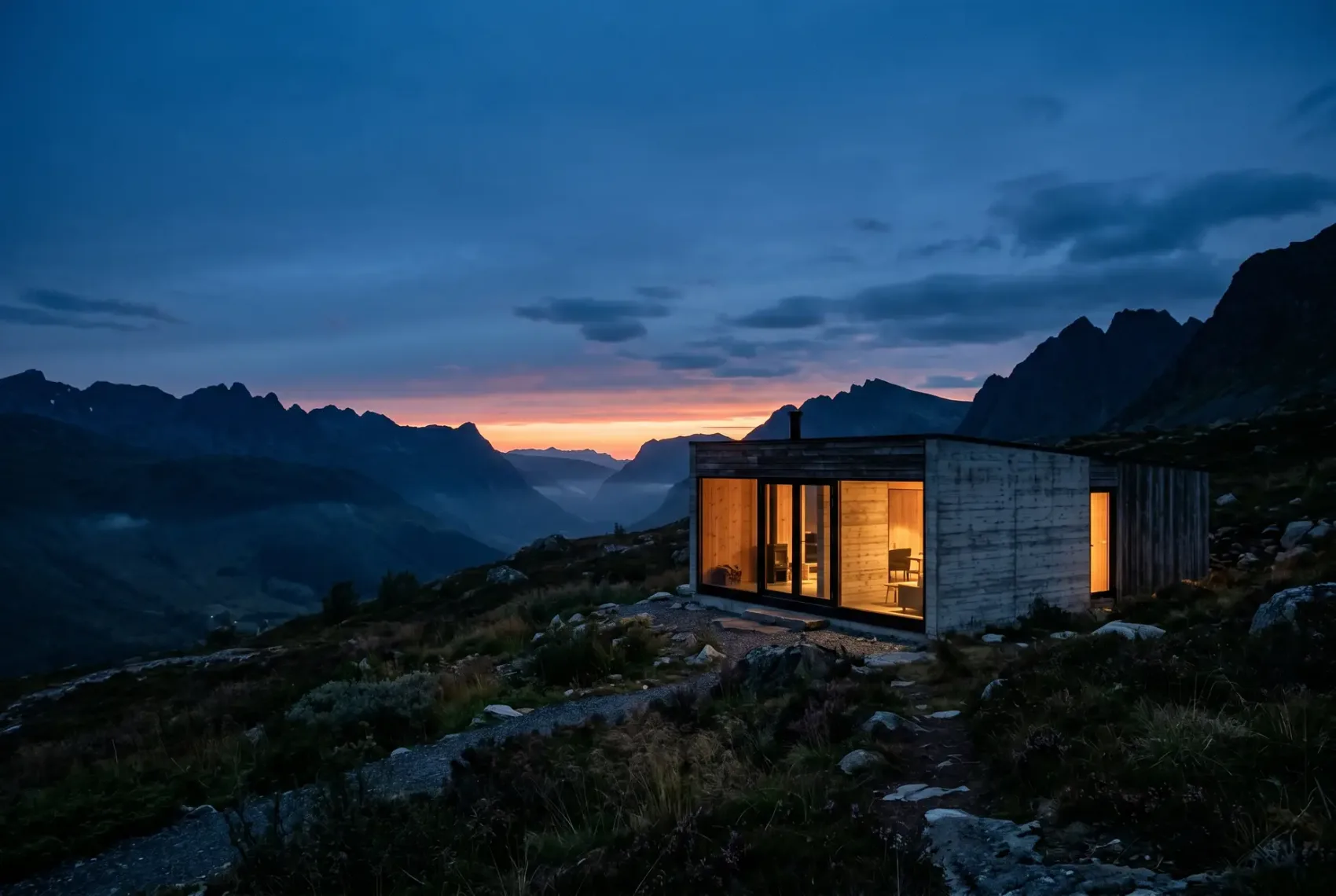 Architectural visualisation — the retreat glowing warmly at twilight, a single point of light in the darkening valley