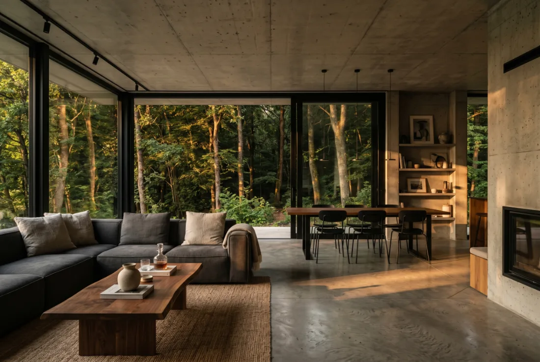 Photoreal architectural visualisation — concrete villa in forest